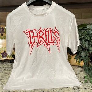 Zaful Thrills graphic drop shoulder White T Red Logo SZ:L UNISEX Super Soft EUC